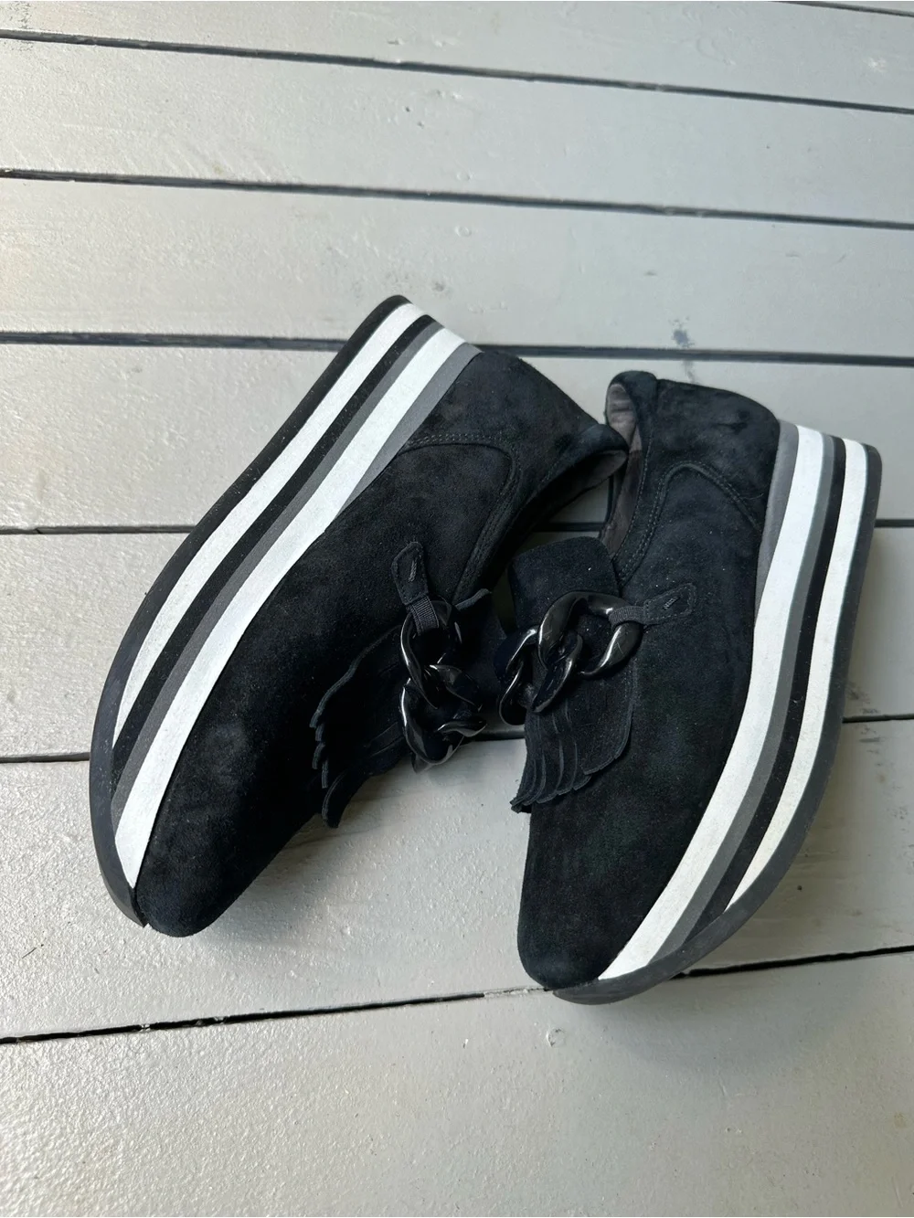 Softwaves Adaya Black Suede Platform Slip-On Sneakers with Chain Detail~EU38